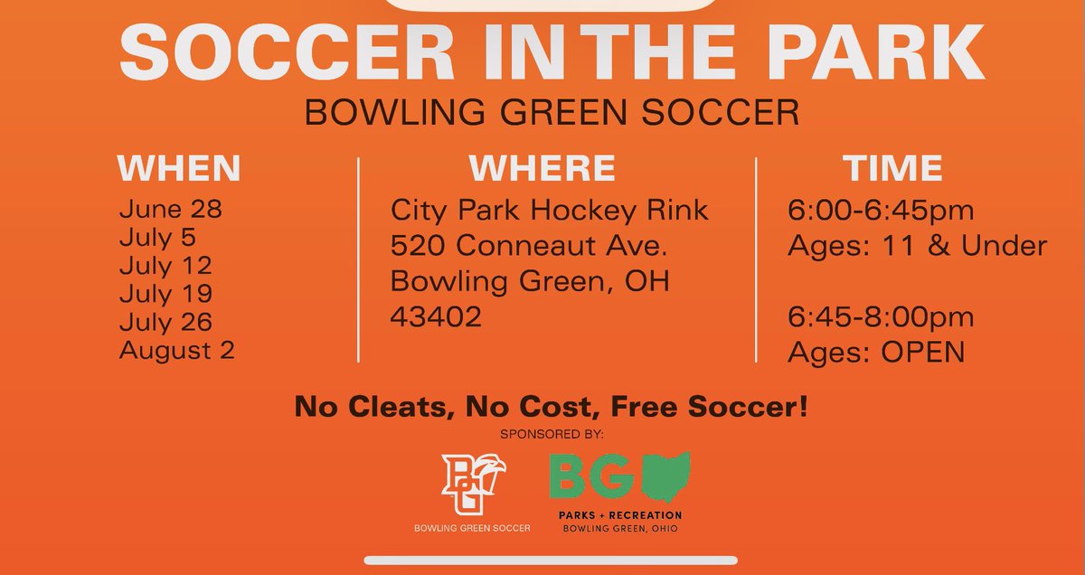 BGSUMSoccer's tweet photo. Soccer in the Park is BACK!! And as always it’s FREE. See you at the City Park Hockey Rink this Friday! https://t.co/iFMWLXrUuN