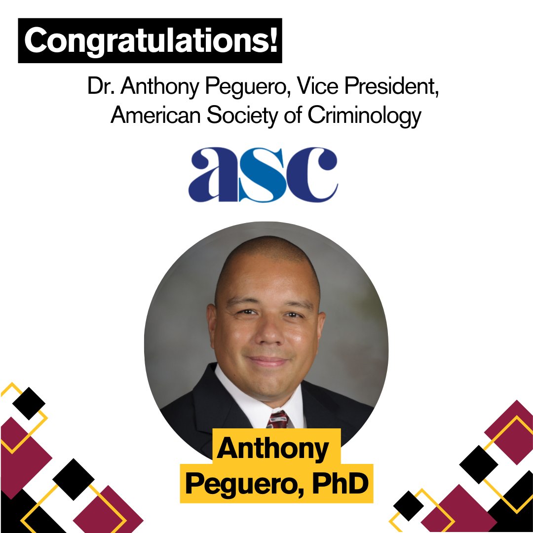 Congratulations to Dr. Anthony Peguero for being elected as Vice President to the American Society of Criminology! This national leadership role speaks to your outstanding leadership skills. Best wishes in this new role!