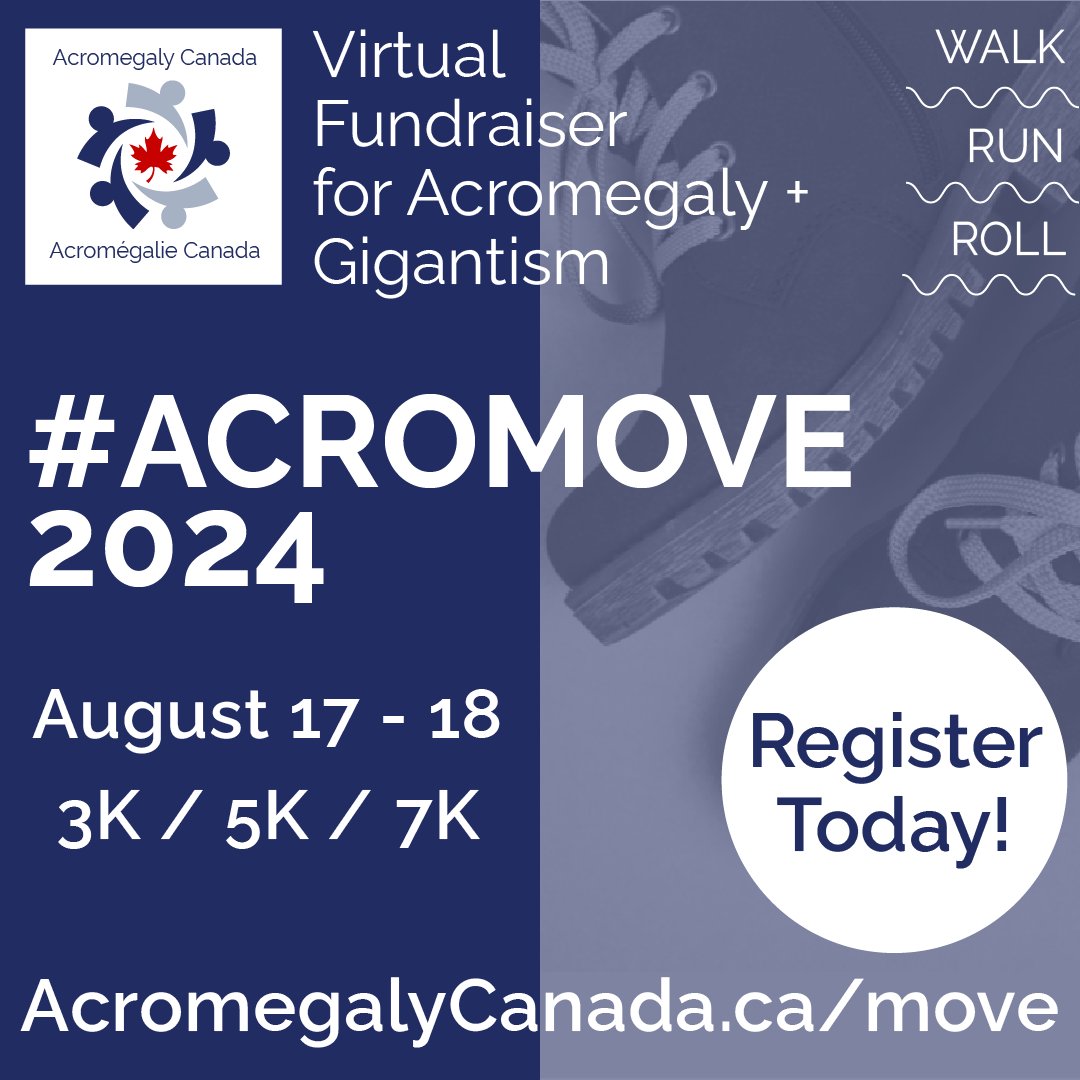 AcromegalyCAN's tweet photo. Registration for #ACROMOVE 2024 is now open! 🎉

Sign up today for our annual, cross-Canada, virtual fundraiser, happening August 17-18.  All donations support #acromegaly and #gigantism awareness and advocacy efforts.

Details and registration: https://t.co/RsJs45wlIQ https://t.co/ccJAJCa2PU