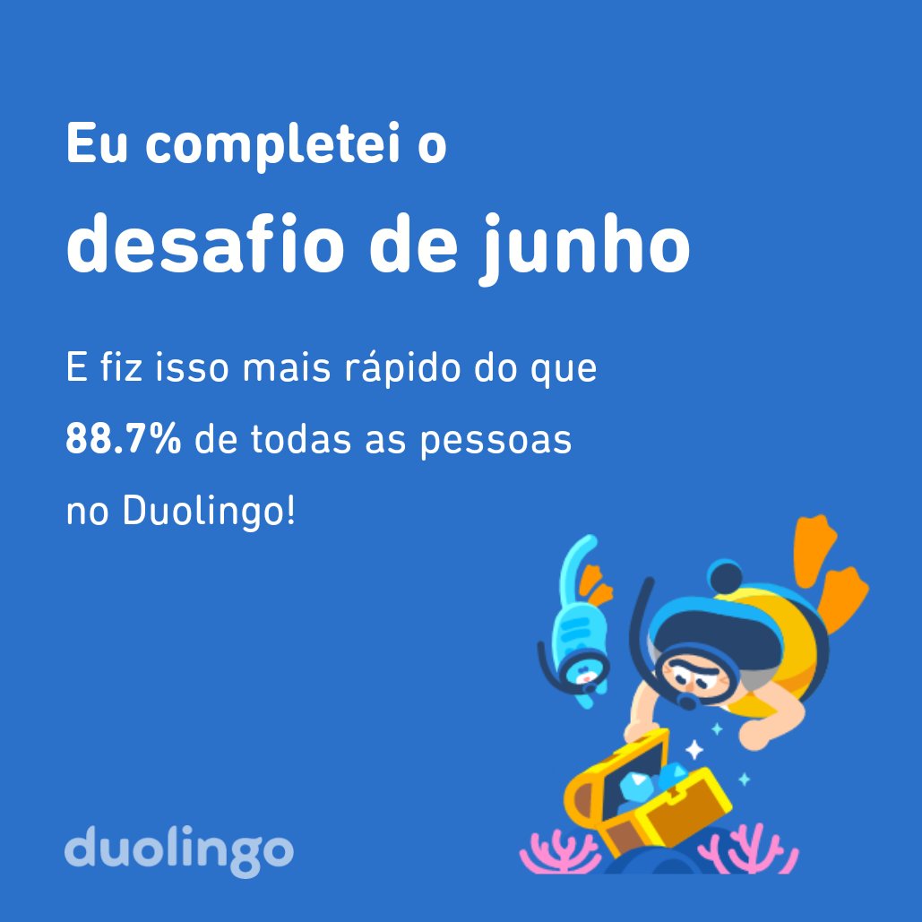 michel_bianc's tweet photo. Eu completei o desafio de junho mais rápido do que 88.7% de todas as pessoas no Duolingo! https://t.co/4Zj4Xzh3bU