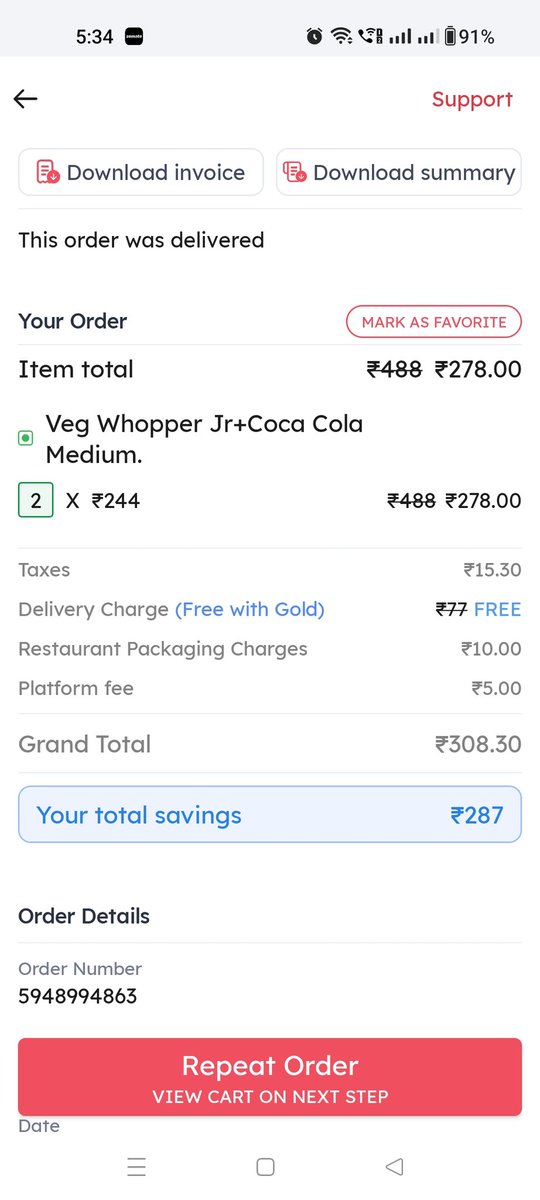 Mickie0512's tweet photo. Hey @zomato @zomatocare out of curiosity, can you explain the taxes of 15.30 INR in my order #5948994863 where you have already charged me 5 rupees for platform fee? https://t.co/oVvtEu253K