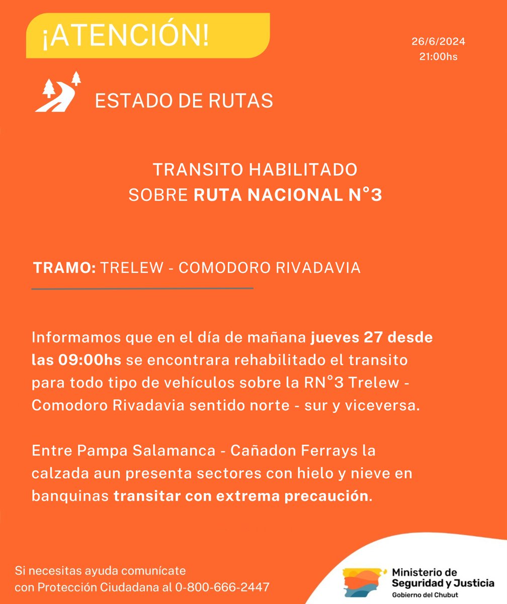 ⚠️ INFORMACIÓN IMPORTANTE ⚠️

❗ La Subsecretaría de Protección Ciudadana dependiente del Ministerio de Seguridad y Justicia, informa que mañana jueves 27 desde las 09:00hs la RN°3 se encontrara habilitada para todo tipo de vehículos.
