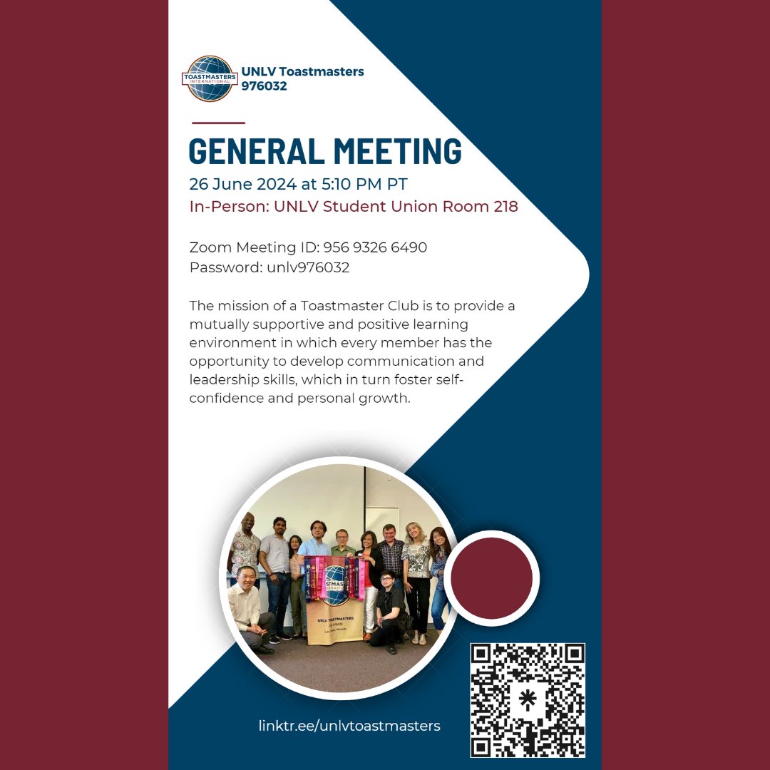 unlvtm's tweet photo. Thank you to everybody who attended our past meetings! 🌏🎓😳☀ We will be meeting today, June 26th, at 5:15 PM PT in UNLV Student Union Room 218, for our "Membership Drive - Open House" meeting with Toastmaster of the Day, Robin Anawalt, IP4! 🏡🗣 https://t.co/fLuLT2N0pj