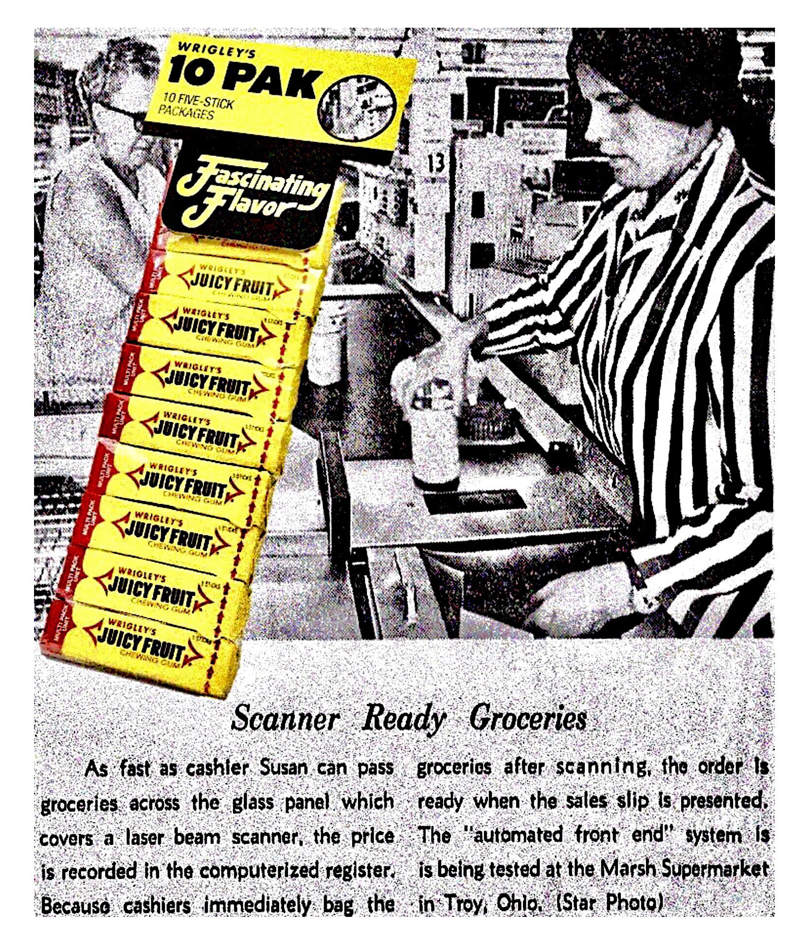 RetroNewsNow on X: "On June 26, 1974, at a supermarket in Troy, Ohio, a 10-pack of Juicy Fruit gum became the first product to be scanned and purchased using a UPC (Universal