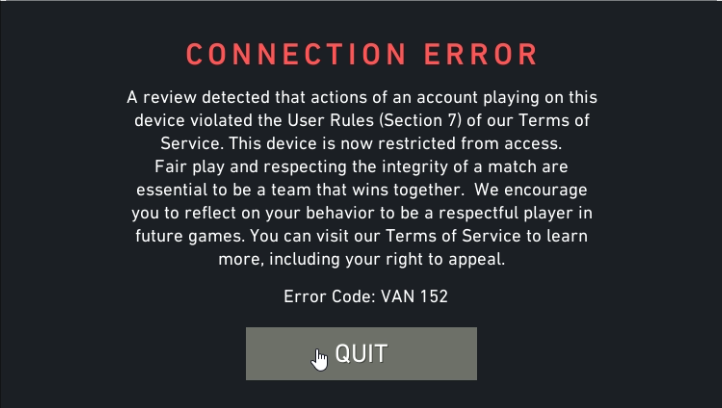 TR1nabi's tweet photo. Just got hardware banned on Valorant. Never cheated, boosted, etc. etc. so I have no idea how this happened. Any likes and retweets would be appreciated. I've played collegiate, tier 3, etc. and everyone I know knows I've never done anything that could get me banned. ty all :c https://t.co/hzuhXTMWzo