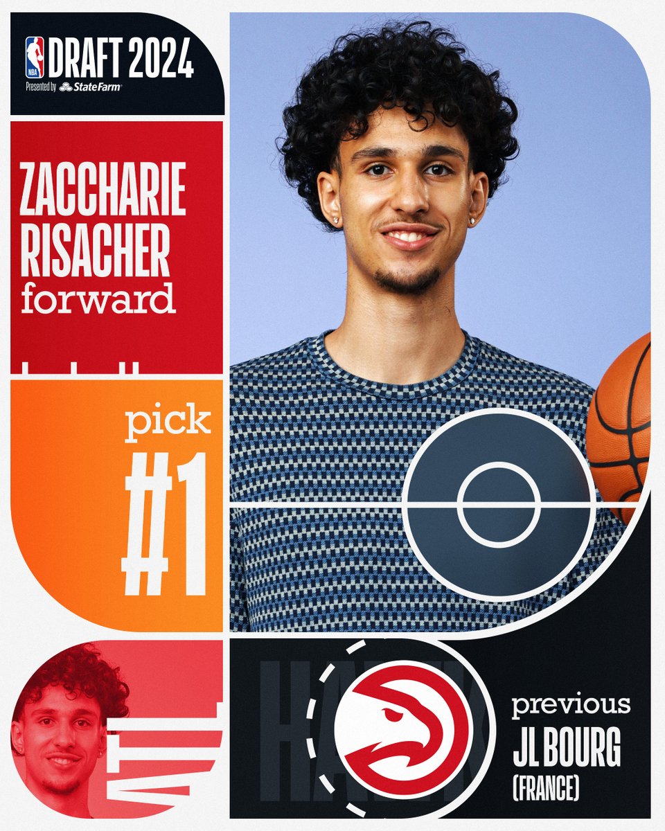 NBA's tweet photo. With the 1st pick of the NBA Draft, the @ATLHawks select Zaccharie Risacher (@Zacch_10)!

2024 #NBADraft presented by State Farm LIVE on ABC &amp; ESPN! https://t.co/26i0gXKLvq