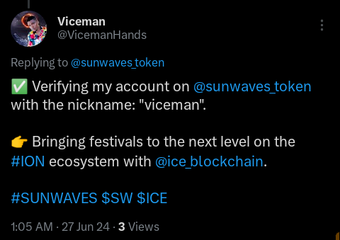 VicemanHands's tweet photo. ✅ Verifying my account on @sunwaves_token with the nickname: "viceman".

👉 Bringing festivals to the next level on the #ION ecosystem with @ice_blockchain.

#SUNWAVES $SW $ICE https://t.co/wdpWwhUHlh