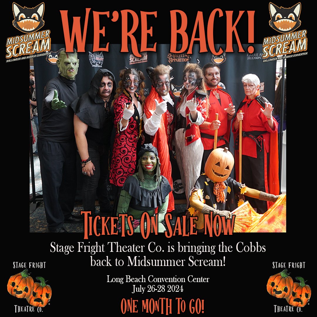 We'll be performing at #MidsummerScream2024! Get your tickets today!

midsummerscream.org

#midsummerscream #halloweenshow #halloween #stagefrighttheater #halloweentime #LongBeach #Convention #horrorconvention #HorrorCommunity #theater #socal