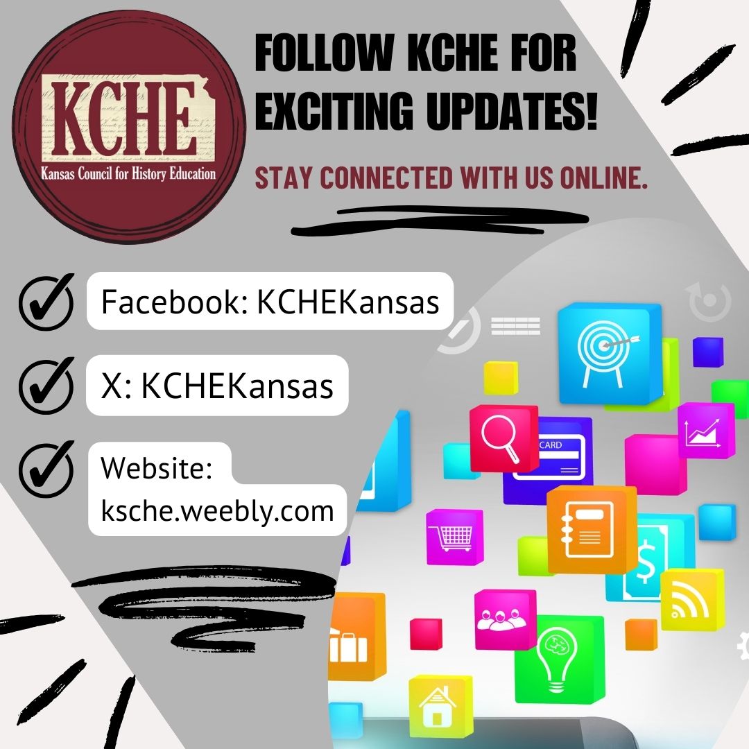 Stay up to date on the latest history education news in Kansas by connecting with us on social media and bookmarking our website on your computer! Like and share this post with other history educators to help them connect as well. #kche #historymatters