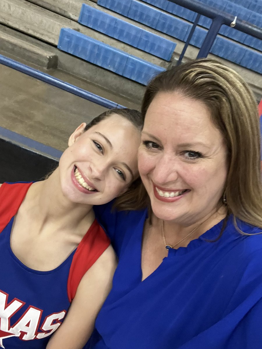 THSCheerSquads's tweet photo. Proudly representing @katyisd @KatyISDFineArts tonight at the @AustinTGCA Spirit All-Star game are the 5A/6A Blue team Coach Brummett @KUBuffy and Taylor Reid from @THS_Mustangs   What a way for Coach B to end her career! Happy retirement! @taylor_mustangs https://t.co/v6qkYxtSJC