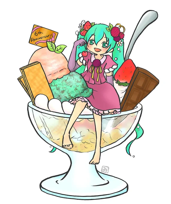 みやっこさんの、パフェにちょこんと座っているミクさん!パフェに合わせた髪飾り、ドレスがとても似合っているホー(*^▽^*)【】 #piapro #初音ミク