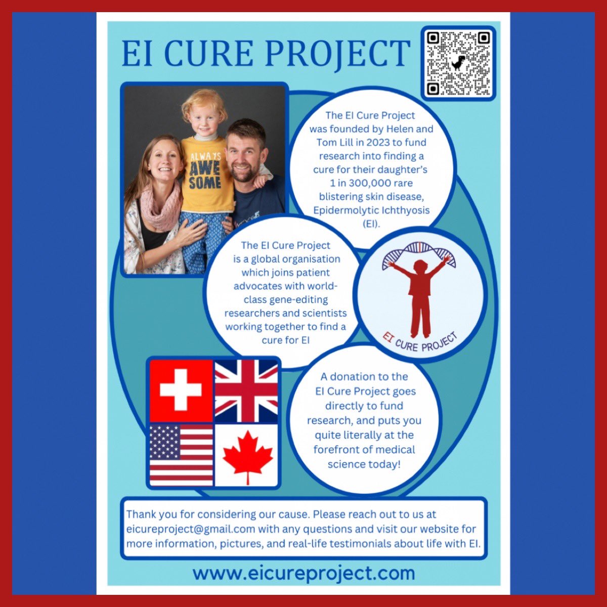 EI_cure_project's tweet image. The #EICureProject started as a Swiss Association🇨🇭in April 2023 and has continued to grow…
- US 501c3, June 2023 🇺🇸
- UK Charity, October 2023 🇬🇧
- Canadian Charity, December 2023 🇨🇦

Funding research for an orphan disease requires a GLOBAL team💪

Please support us TODAY! 🥰