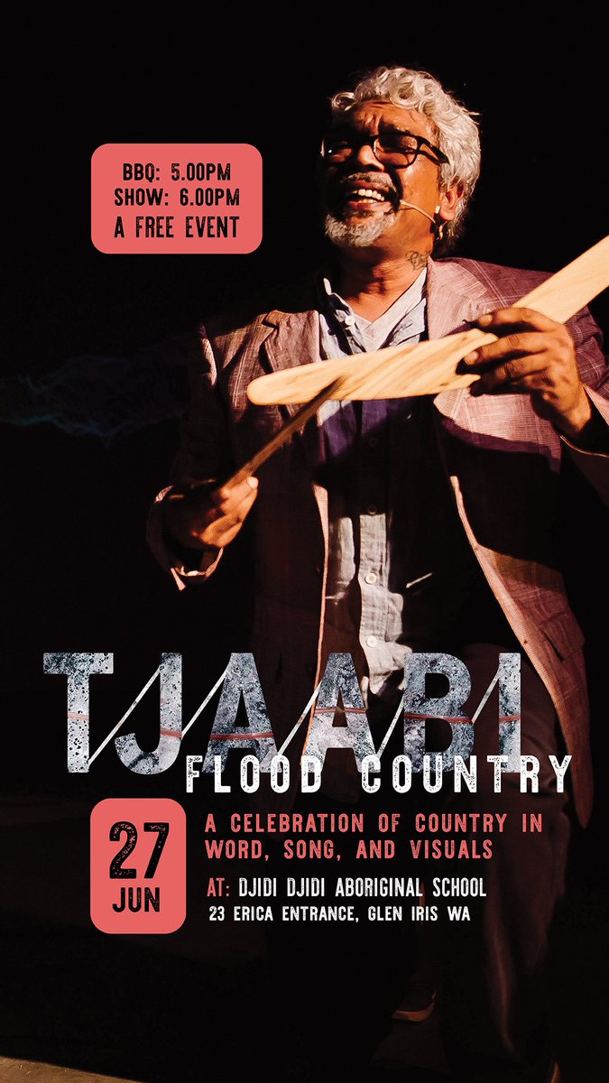 Tjaabi–Flood Country is in Glen Iris (Bunbury) tonight at the Djidi Djidi Aboriginal School. BBQ starts at 5pm, show starts at 6pm. This event is free &amp; everyone is welcome. 10yrs on the making it is a beautiful piece of storytelling &amp; music theatre.
#bunbury #tjaabi #indigenous