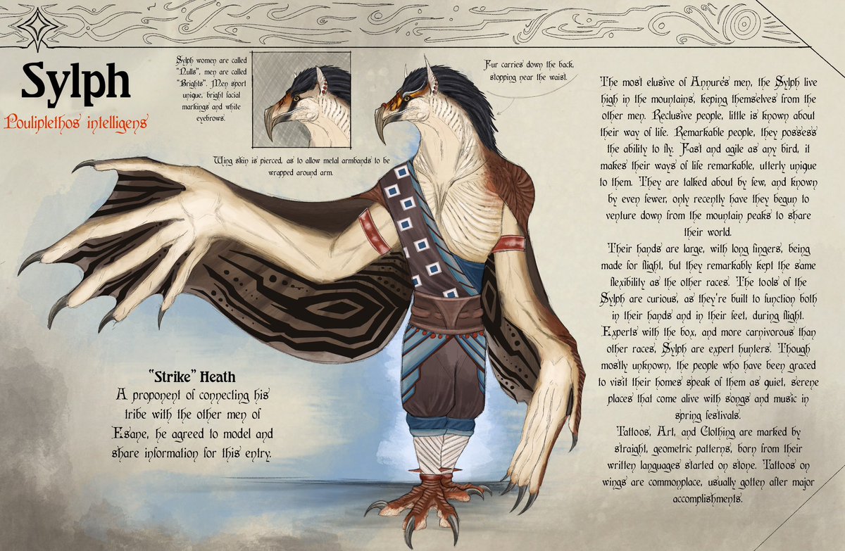 MoncaJonca's tweet photo. The fifth race of Annure, the Sylphs. Hidden in the mountains, they live cyclical lives, tending to their village tasks until it ignits with splendor during the spring. Spread across the mountains of Annure, there are 5 Sylph clans, all equally as elusive. 
#AnnuerianBestiary https://t.co/O54eFTwHsZ
