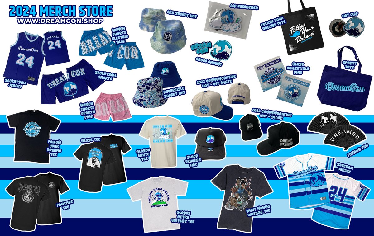 dreamconvention's tweet photo. Dream Con Merch Store is Live!! 🛍️

We’re one month away, so just enough time to get your fit right 😎 We’ve added jerseys, tees, shorts & hats … even new accessories for the shoes or to cool you off 🪭

Shout out to @WhytManga for the exclusive RDC + Creators  t-shirt 🙌🏽 

If you attended last year & weren’t able to get you some merch, we have some 2023 items to commemorate our 5th year anniversary.

 https://t.co/Owy4NZOxAo

#DreamCon #DreamCon2024