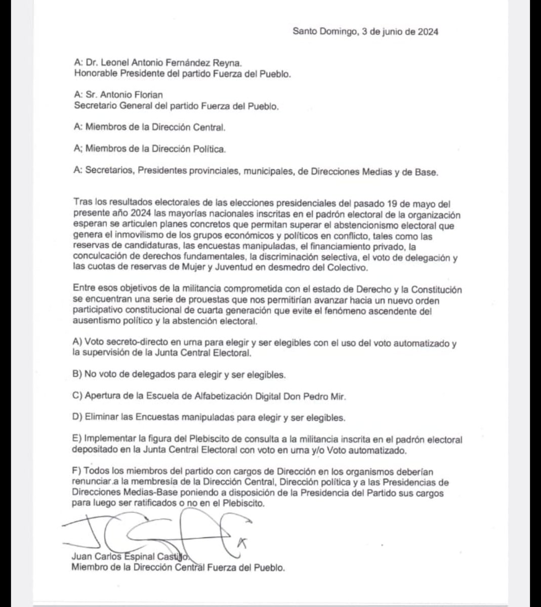 DomingoJavierCF's tweet image. ● Vamos al Congreso de la FP con entusiasmo a proponer voto secreto y directo con voto automatizado para elegir y ser elegibles utilizando el padrón electoral de Fuerza del Pueblo depositado en la JCE con supervision del organismo electoral.
@LeonelFernandez