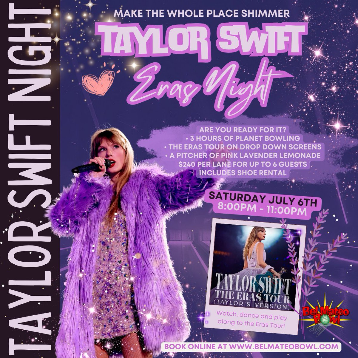 Hey #Swifties! We're making the whole place shimmer this 4th of July weekend. Join us for #TaylorSwift Night on Sat. July 6 from 8-11pm. Play and dance along to the Eras Tour while sippin pink lavender lemonade! Book online for an epic night: 🤩💎💜✨ belmateobowl.com/LANE-RESERVATI…