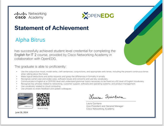 Alpha_Bitrus_'s tweet photo. Blessed to have completed seven certification courses on LinkedIn and Cisco, sponsored by @3MTTNigeria,  I’ve gained valuable skills in AI, English communication, Data Analysis, and soft skills, which I’m excited to apply in my professional journey. #My3MTT #3MTTLearningJournal https://t.co/e3jdQTgzgZ