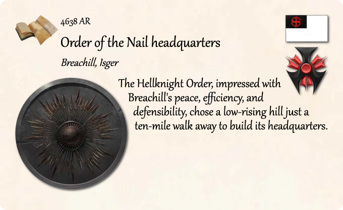 GolarionToday's tweet photo. 4638 AR: Order of the Nail headquarters
#Breachill #Isger #Hellknight #4638AR #OrderOfTheNail
https://t.co/fhzlHWkqL0
The Hellknight Order, impressed with Breachill's peace, efficiency, and defensibility, chose a low-rising hill just a ten-mile walk away… https://t.co/Ko7Lio0jSz