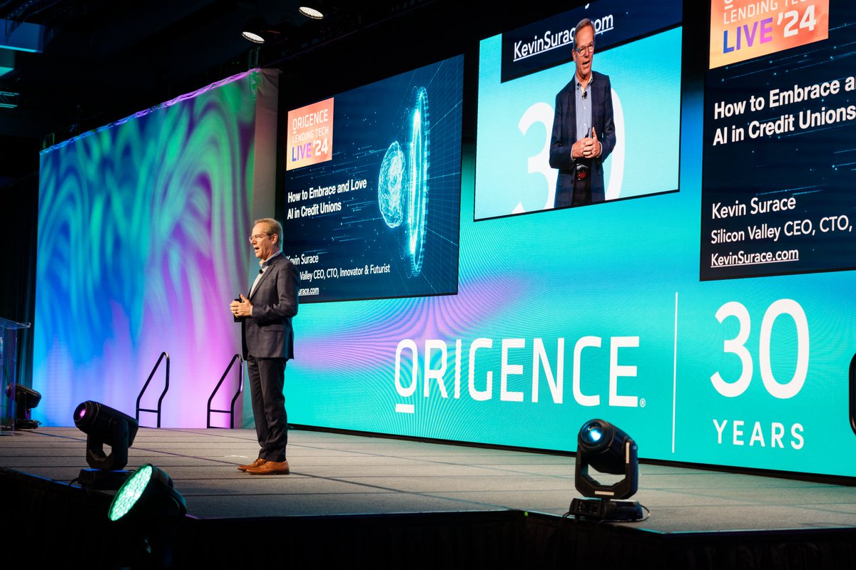 origencecompany's tweet photo. @kevinsurace’s keynote on #AI was a game-changer! Attendees explored AI and #MachineLearning, saw impressive #AI wins, and learned how to leverage generative AI to boost productivity and customer service. #LendingTechLive #LTL24 https://t.co/qqOKKg9Jmh