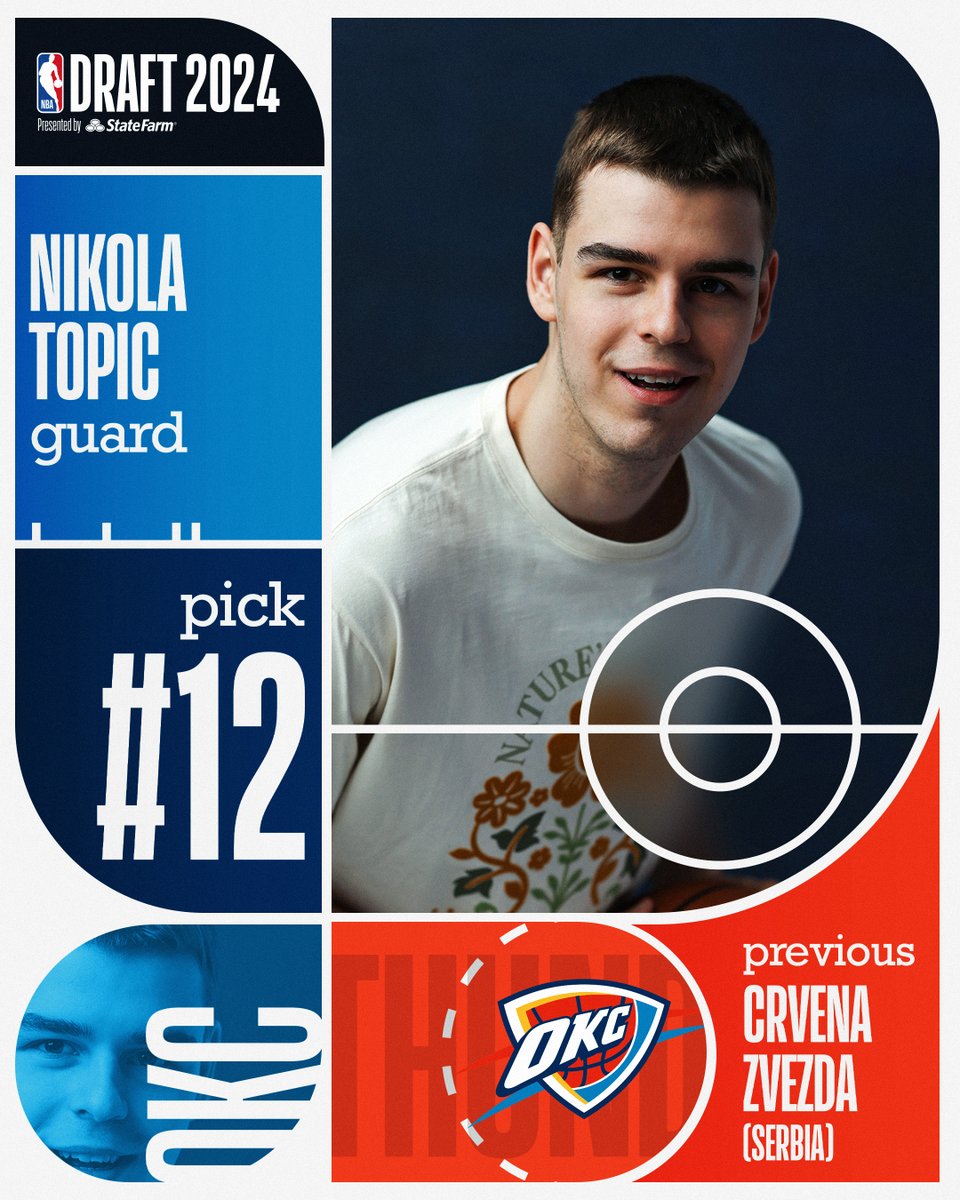 With the 12th pick of the NBA Draft, the <a href="/okcthunder/">OKC THUNDER</a> select Nikola Topic!

2024 #NBADraft presented by State Farm LIVE on ABC &amp; ESPN!