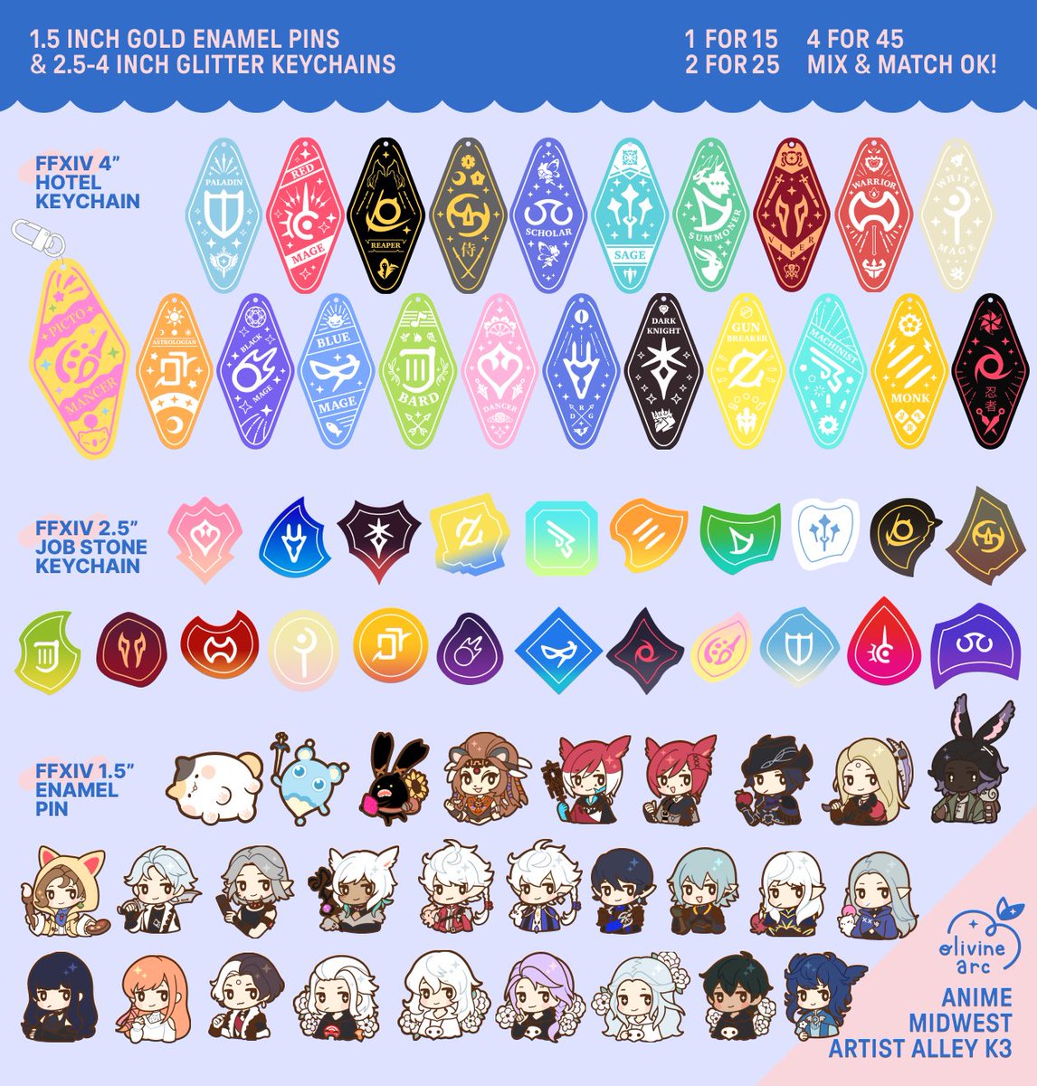 new merch is up until july 10th + my anime midwest catalog

🌸#HonkaiStarRail 
🌞🌊🌴#FFXIV for Dawntrail
🍁 new #Pokemon merch
❄️along with #DungeonMeshi, Stardew Valley, Persona 3 Portable and more!

🔗olivinearc.com