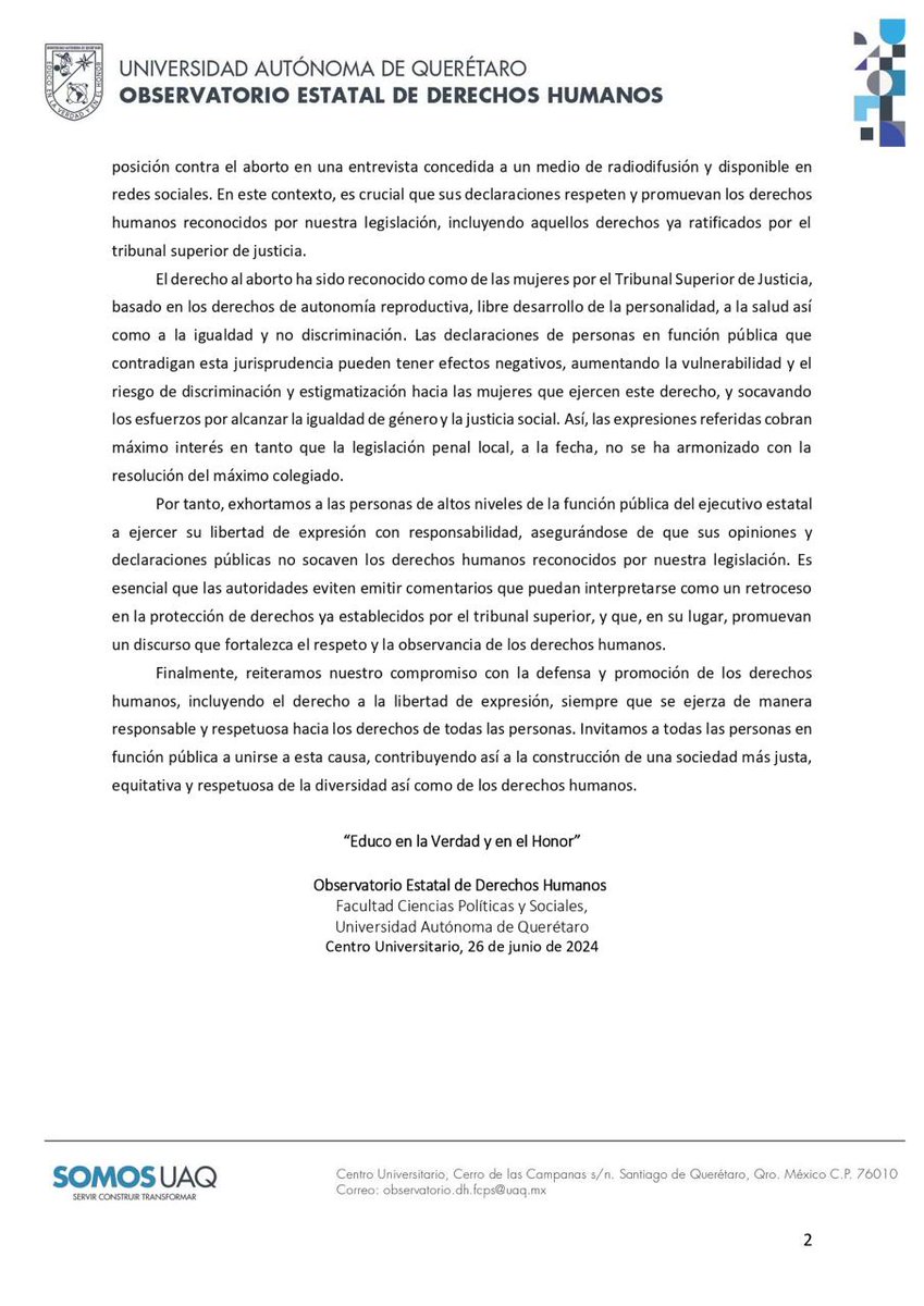 La libertad de expresión es un derecho fundamental protegido. Sin embargo, 
este derecho debe ejercerse considerando las responsabilidades y limitaciones. Expresamos nuestra preocupación por las recientes declaraciones 
públicas de un alto funcionario del ejecutivo estatal.