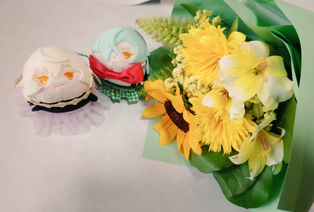 akkkkko2's tweet photo. 仕事場で頂いた花束と成城石井のお弁当
でっちゃんと弟を添えて🌼 https://t.co/xF4pOs9rQc