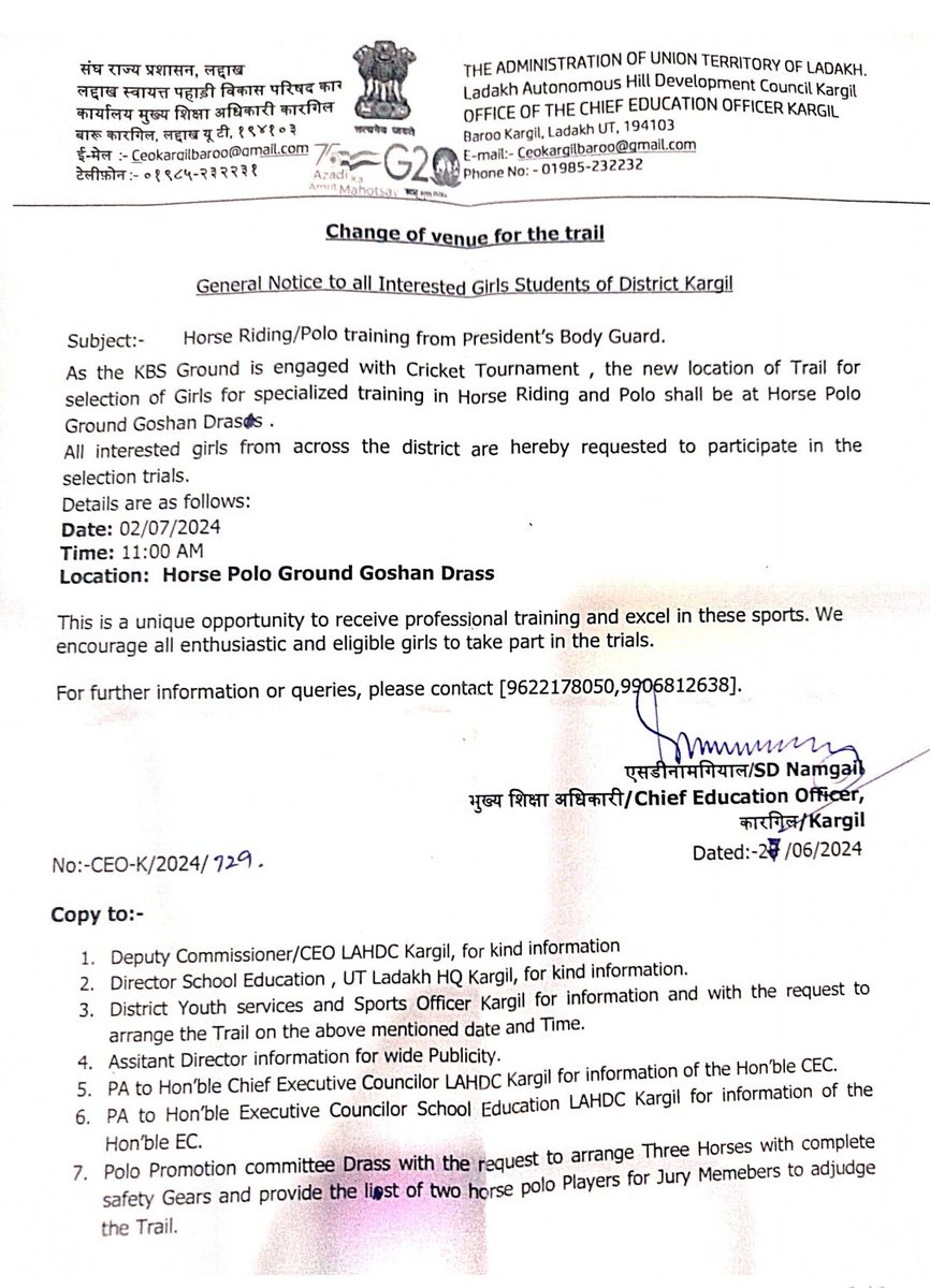 Radio News Kargil (@airnewskargil) on Twitter photo Notice By <a href="/EducationKargil/">Education Department Kargil UT Ladakh</a> for Change of Venue for Horse Riding/Polo Training
<a href="/lg_ladakh/">Office of the Lt. Governor, Ladakh</a> <a href="/prasarbharti/">AIR News Leh</a> <a href="/ddnewsladakh/">DD NEWS LADAKH</a> <a href="/airnewsalerts/">All India Radio News</a> <a href="/dc_Kgl/">Deputy Commissioner/DEO Kargil</a> <a href="/dse_ladakh/">Directorate of 𝗦chool 𝗘ducation, 𝗟𝗮𝗱𝗮𝗸𝗵</a> <a href="/LadakhSecretary/">Secretary UT Ladakh</a> Notice By <a href="/EducationKargil/">Education Department Kargil UT Ladakh</a> for Change of Venue for Horse Riding/Polo Training
<a href="/lg_ladakh/">Office of the Lt. Governor, Ladakh</a> <a href="/prasarbharti/">AIR News Leh</a> <a href="/ddnewsladakh/">DD NEWS LADAKH</a> <a href="/airnewsalerts/">All India Radio News</a> <a href="/dc_Kgl/">Deputy Commissioner/DEO Kargil</a> <a href="/dse_ladakh/">Directorate of 𝗦chool 𝗘ducation, 𝗟𝗮𝗱𝗮𝗸𝗵</a> <a href="/LadakhSecretary/">Secretary UT Ladakh</a>