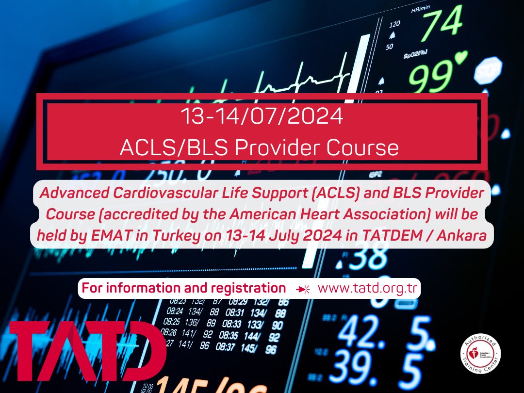 American Heart Association tarafından akredite edilmiş İleri Kardiyak Yaşam Desteği ve Temel Yaşam Desteği Kursu 13-14 Temmuz 2024’te Ankara’da gerçekleşecektir.
🫀Detaylar ve kayıt için ➡️ tatd.org.tr/tatdem
<a href="/TrTATD/">Türkiye Acil Tıp Derneği - TATD (EMAT)</a>