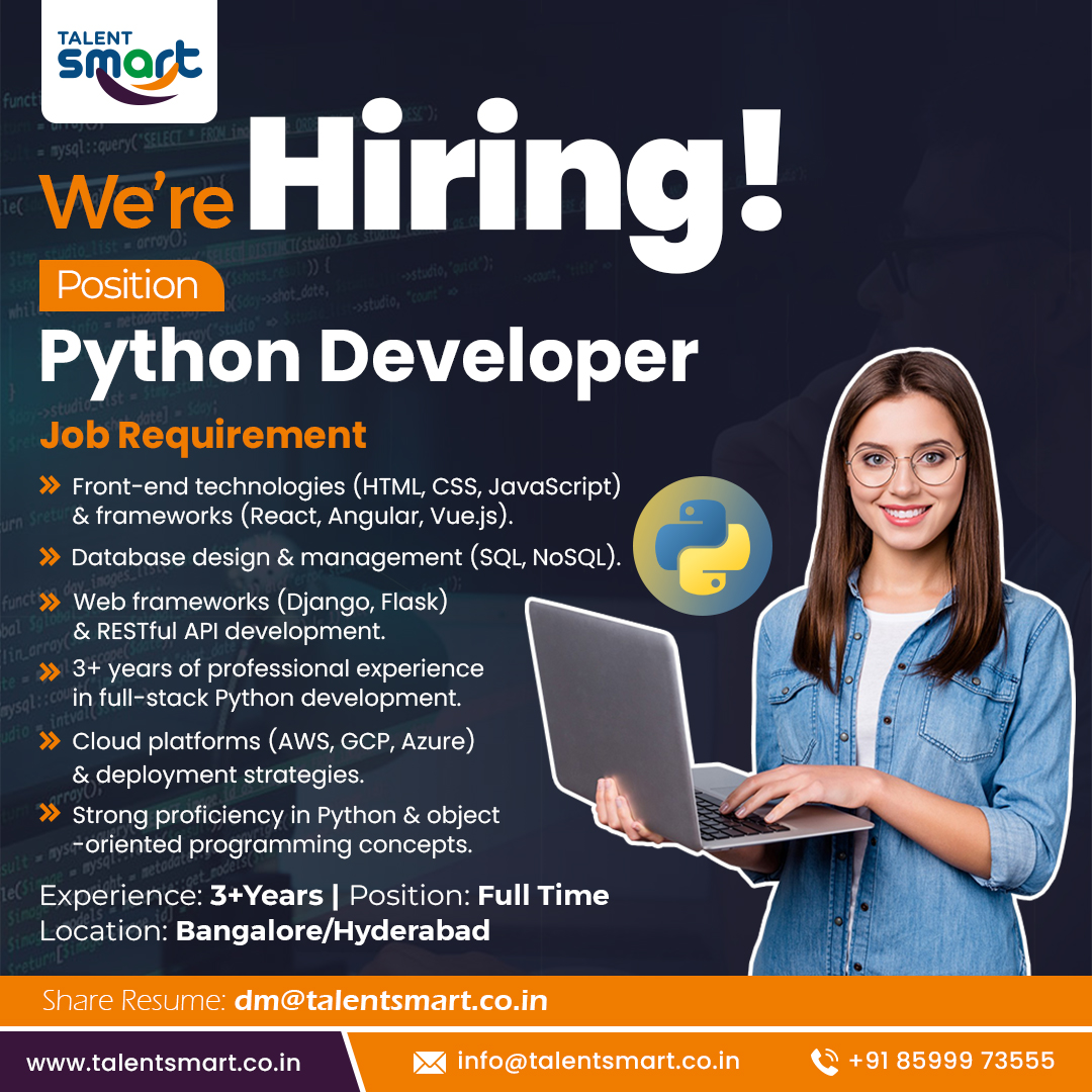 talentsmartco's tweet image. Role: Python Developer
Job Type: Full Time & Experience: 3+Years
Email Resume: dm@talentsmart.co.in
.
.
.
.
.
#pythondeveloper #pythonengineer #pythonjobs #pythonprogrammer #frontendtechnologies #reactjs #css #html #jobsinhyderabad #jobsinbangalore #AIIMS