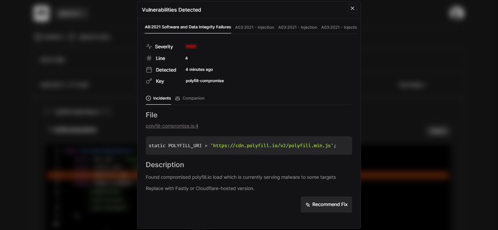 Gitsecure's tweet image. Detect Polyfill supply chain attacks in your codebase using Gitsecure for free by following these steps:

1. Install Gitsecure on your GitHub organization.
2. Gitsecure will automatically run a historical scan on your entire repository and identify wherever Polyfill is used.