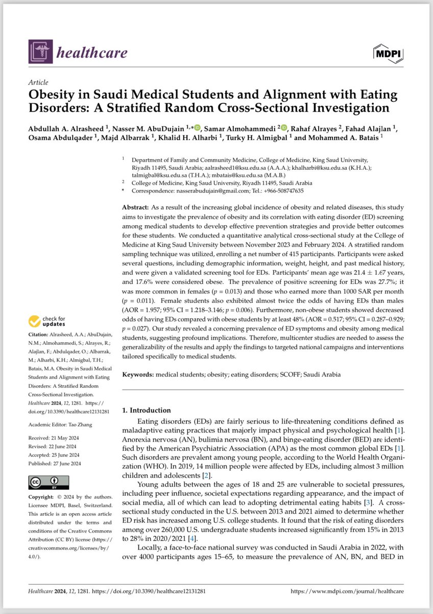 NasserAbuDujain's tweet photo. Published 🥳🥳.

Read our article about the prevalence of eating disorders symptoms among medical students. It highlights a concerning prevalence of (27%‼️), which definitely warrants intervention.

Link: https://t.co/iUNXuvI7x4 https://t.co/7LPyYYNePQ