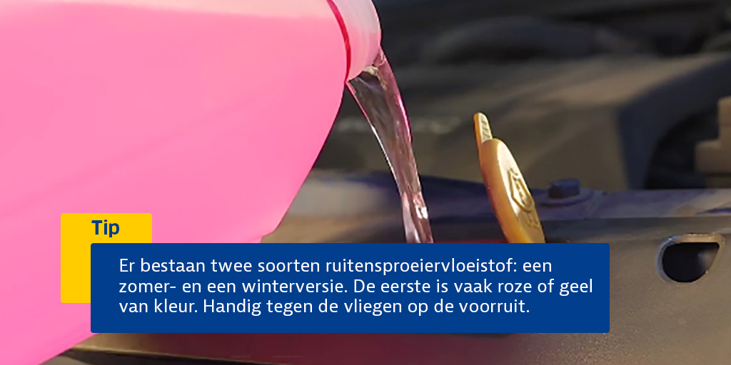 ANWB's tweet image. Je hebt verschillende soorten ruitensproeiervloeistof. Roze, gele of blauwe versies. Welke versie heb je deze zomer nodig? 👉 anwb.nl/auto/onderhoud…