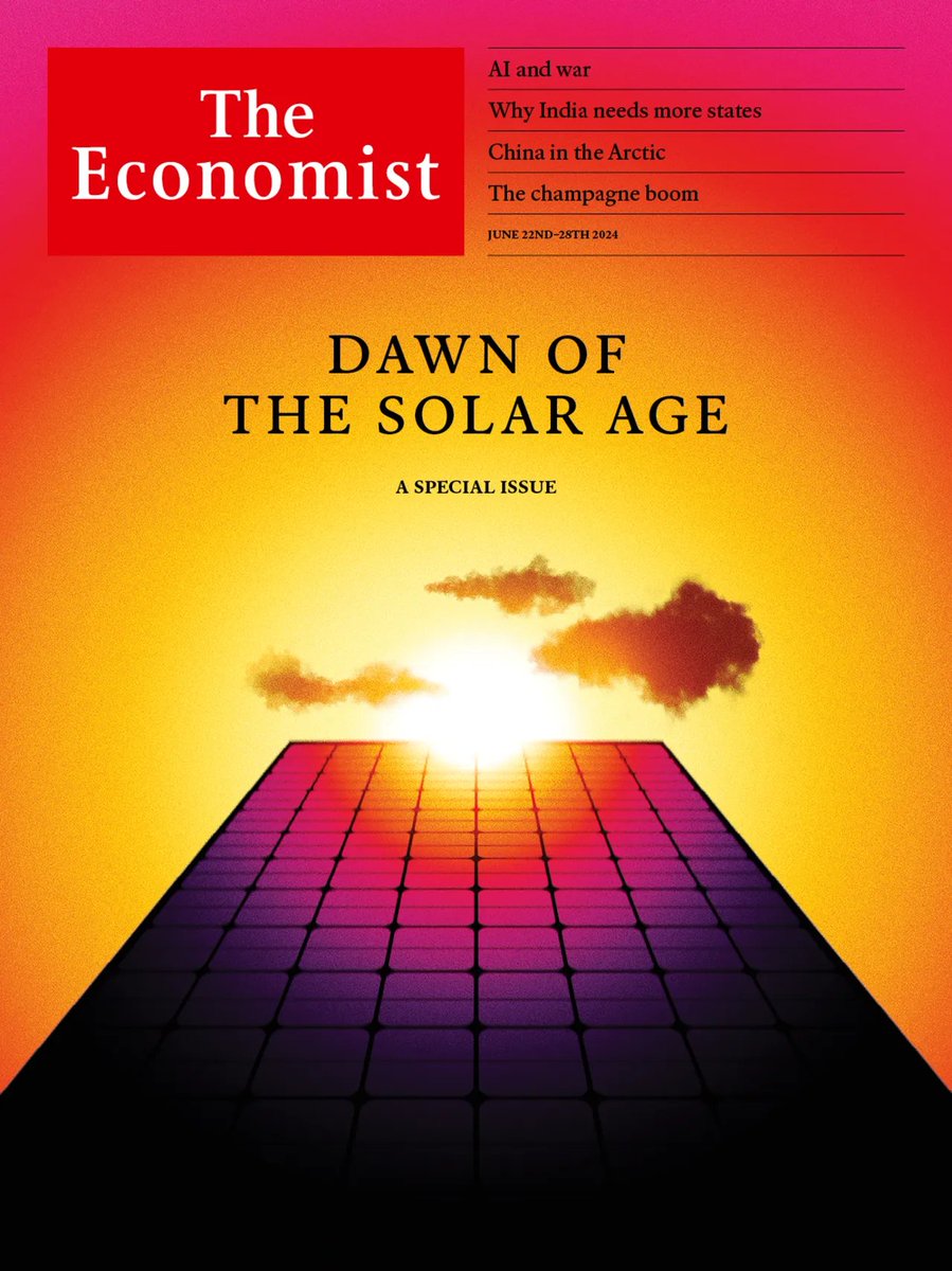 halhod's tweet image. This week's issue of @TheEconomist goes big on solar
A quick thread on everything that's in the issue, which is one of the most exciting, optimistic covers I can remember us running
