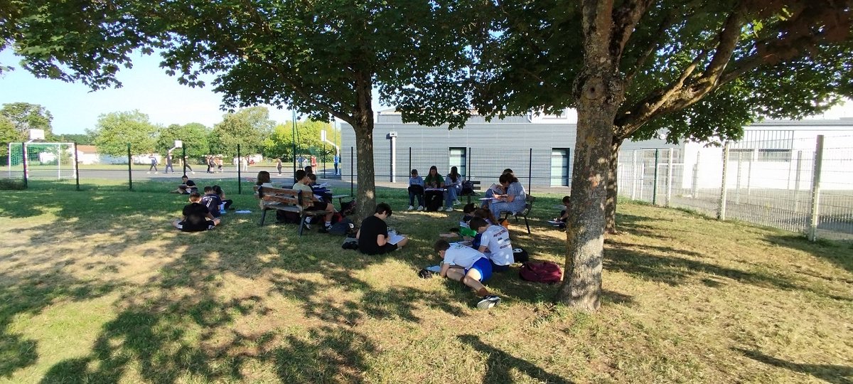ManonMchdPpin's tweet photo. Investir les extérieurs du collège pour les séances de révisions en fin d'année. On travaille bien mieux sous les arbres. #LCA #ClasseDehors @rostand79 @mcbd @DSDEN79 https://t.co/iXE16RaqhN