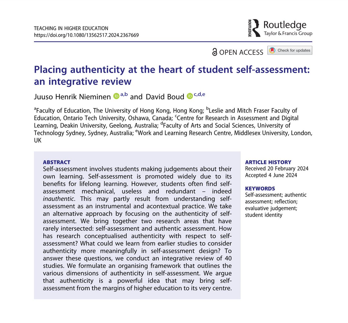 Juuso Henrik Nieminen (@juusonieminen) on Twitter photo What could student self-assessment learn from authentic assessment? Our new study with David Boud has been published in <a href="/TeachinginHE/">Teaching in Higher Education (TiHE)</a>! 🥳 We propose that authenticity is a powerful idea that may bring SA from the margins of #HigherEd to its very centre tandfonline.com/doi/full/10.10… What could student self-assessment learn from authentic assessment? Our new study with David Boud has been published in <a href="/TeachinginHE/">Teaching in Higher Education (TiHE)</a>! 🥳 We propose that authenticity is a powerful idea that may bring SA from the margins of #HigherEd to its very centre tandfonline.com/doi/full/10.10…