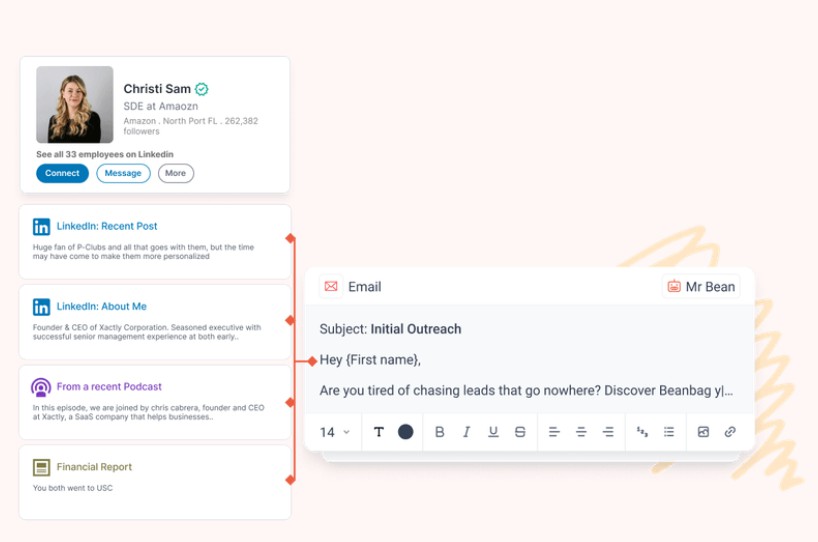 BeanbagAi's tweet image. Stop wasting time on irrelevant leads!  ❌  BeanbagAI&apos;s Mr. Bean AI finds your ideal prospects from a massive database of 600M+ professionals. Get verified contact details &amp;amp; connect with the right people faster!
 #TimeToConnect #SimplifyYourSearch #BeanbagAI