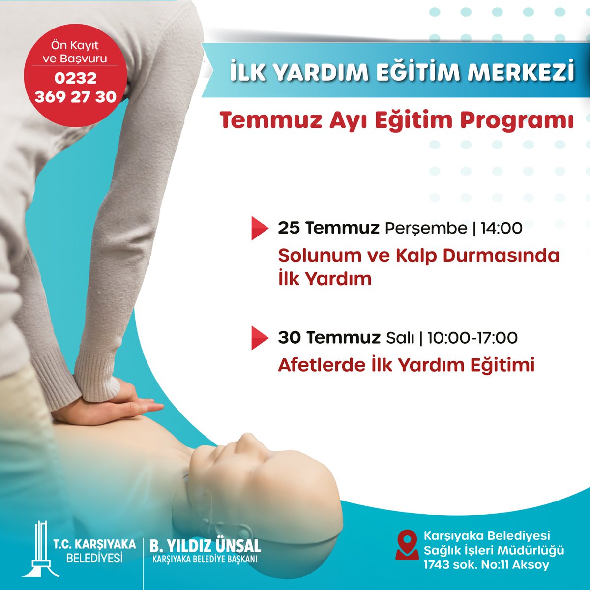 Karşıyaka Belediyesi Sağlık İşleri Müdürlüğümüzün düzenlediği ilk yardım kurslarımıza katılarak, yakınlarınızın hayatını tehdit edecek istenmeyen durumlara karşı her an hazırlıklı olabilirsiniz. 

Zamanında ve doğru uygulanacak ilk yardım hayat kurtarır.