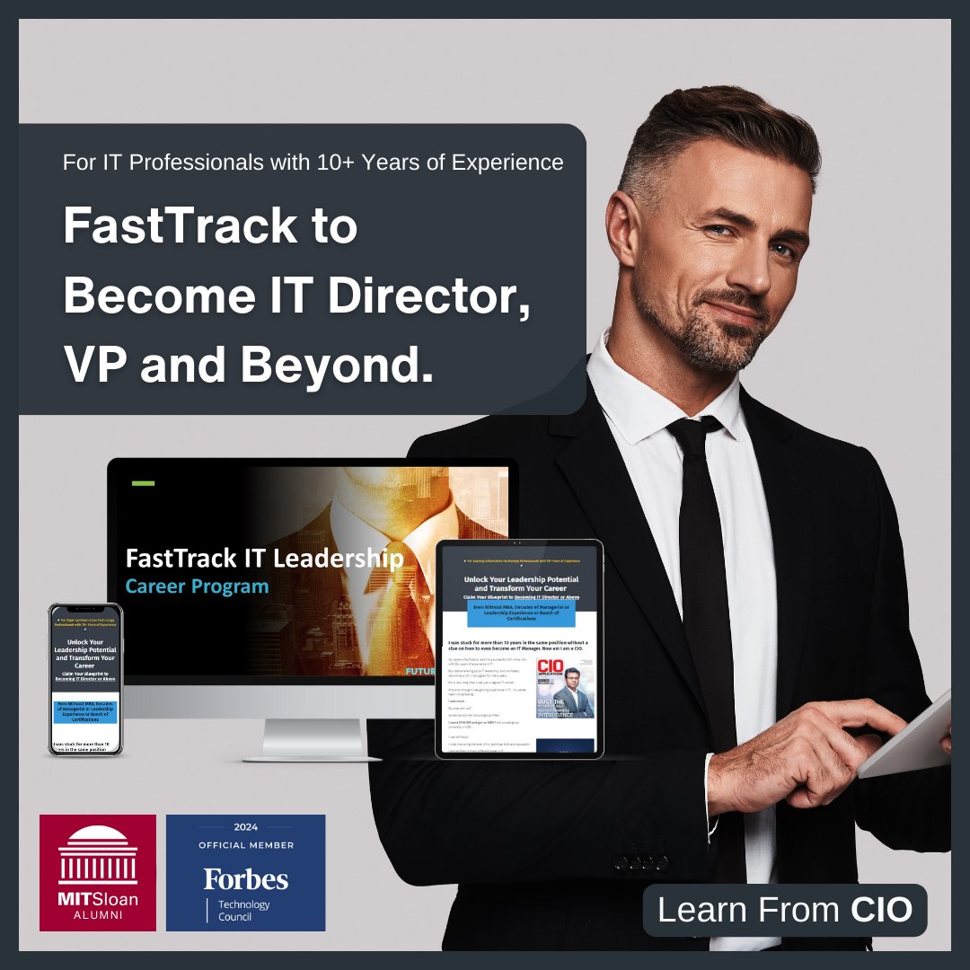 FutureCIOClub's tweet photo. 🚀 Elevate Your IT Leadership Career! 🚀
🎓 For IT Professionals with Over 10 Years of Experience:
🌟 Advance to IT Director, VP, or CIO Roles
🔑 Master the Skillset, Mindset, and Toolset for CIO Success
Visit: https://t.co/djUsxNU3Ak
#FutureCIO #ITLeadership #ITDirector https://t.co/9Ff8w36Qnl