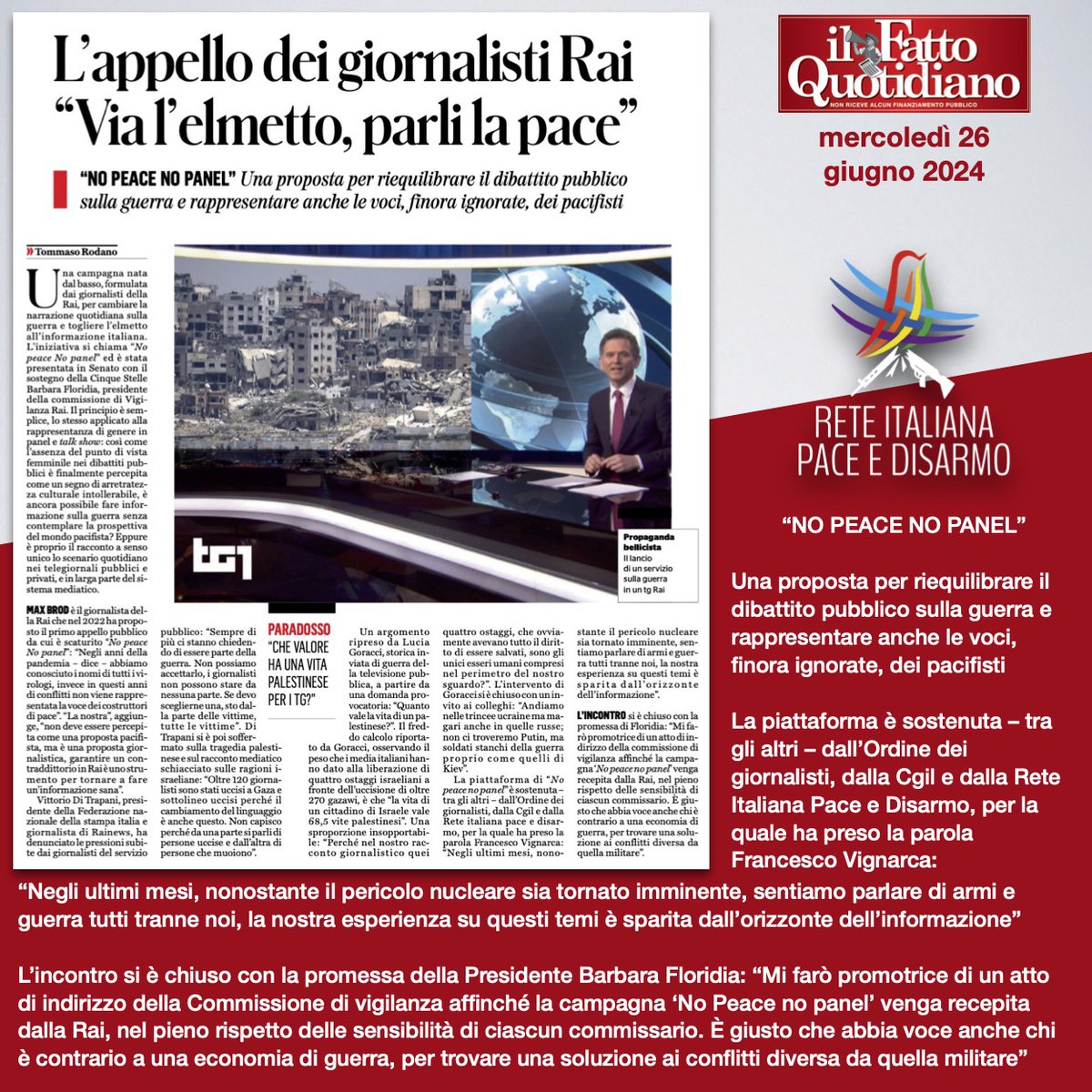 L’appello dei giornalisti Rai: “Via l’elmetto, parli la #Pace”

“NO PEACE NO PANEL”, una proposta per riequilibrare il dibattito pubblico sulla guerra e rappresentare anche le voci, finora ignorate, dei pacifisti

Su <a href="/fattoquotidiano/">Il Fatto Quotidiano</a> anche il sostegno di <a href="/RetePaceDisarmo/">Rete Italiana Pace e Disarmo</a>