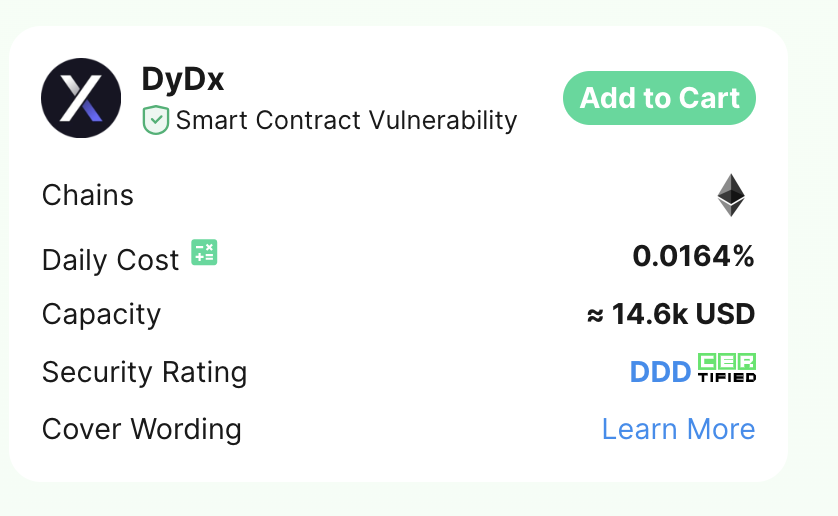 📢Good news for <a href="/dYdX/">dYdX</a> users!  
We‘ve opened capacity for #DyDx Smart Contract Cover！  

🛡️At a low premium cost of 0.0164% per day, you can get your assets protected!

🛒Buy Cover here: app.insurace.io/coverage/buyco…

#DeFi #InsurAce #Crypto