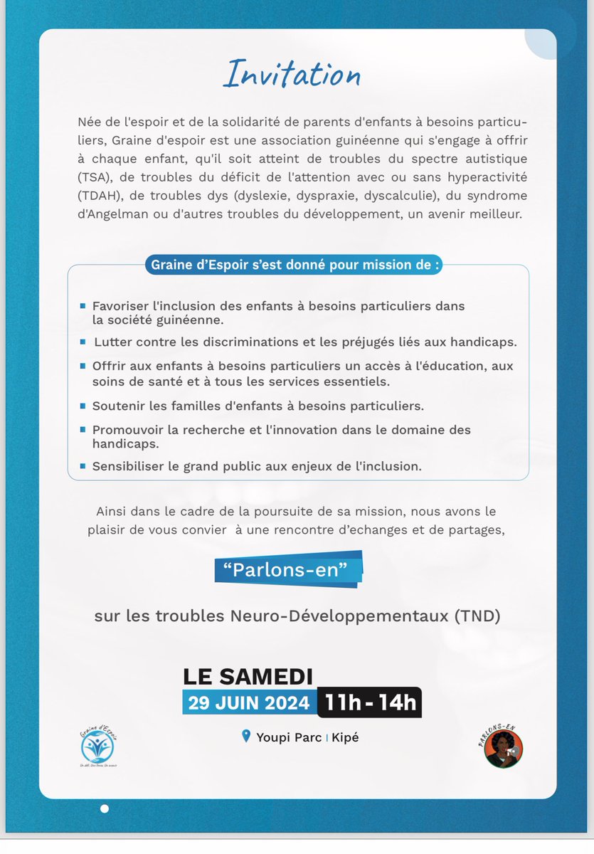 Venez on va prendre un café ensemble et discutons des troubles Neuro- développementaux chez l’enfant.

Samedi 29 juin, au centre de loisirs Youpi Park à Kipé.

#grainedespoir #TDN #Autism #TDAH #Besoinparticulier #inclusion