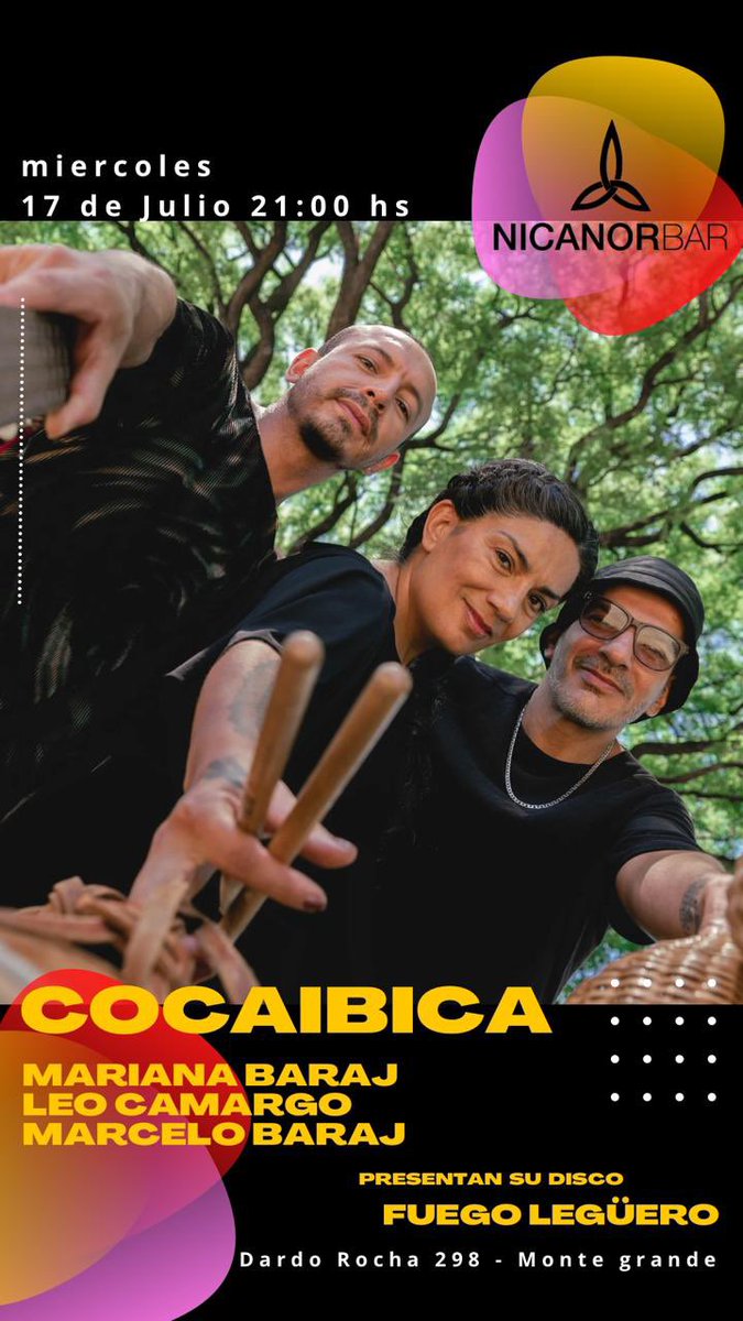Una buena noticia!! 🍃🍃🍃
El Miércoles 17 de Julio estaremos <a href="/MarianaBaraj/">Mariana Baraj</a>, <a href="/marcelobaraj/">Marcelo Baraj</a> y <a href="/LeoCamargo0/">Leo Camargo</a> presentando nuestro primer disco Fuego Legüero en Nicanor Bar en Monte Grande! 
Nos vemos?!?!