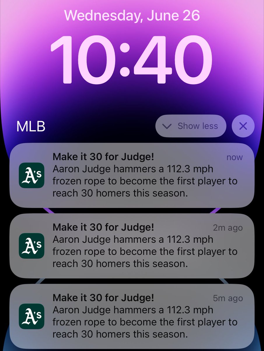josephdrobbins's tweet photo. The @MLB’s notifications person is really, Really, REALLY excited about Aaron Judge’s 30th homer. And I don’t blame them! #DingerProject https://t.co/jMDQqs9Of1