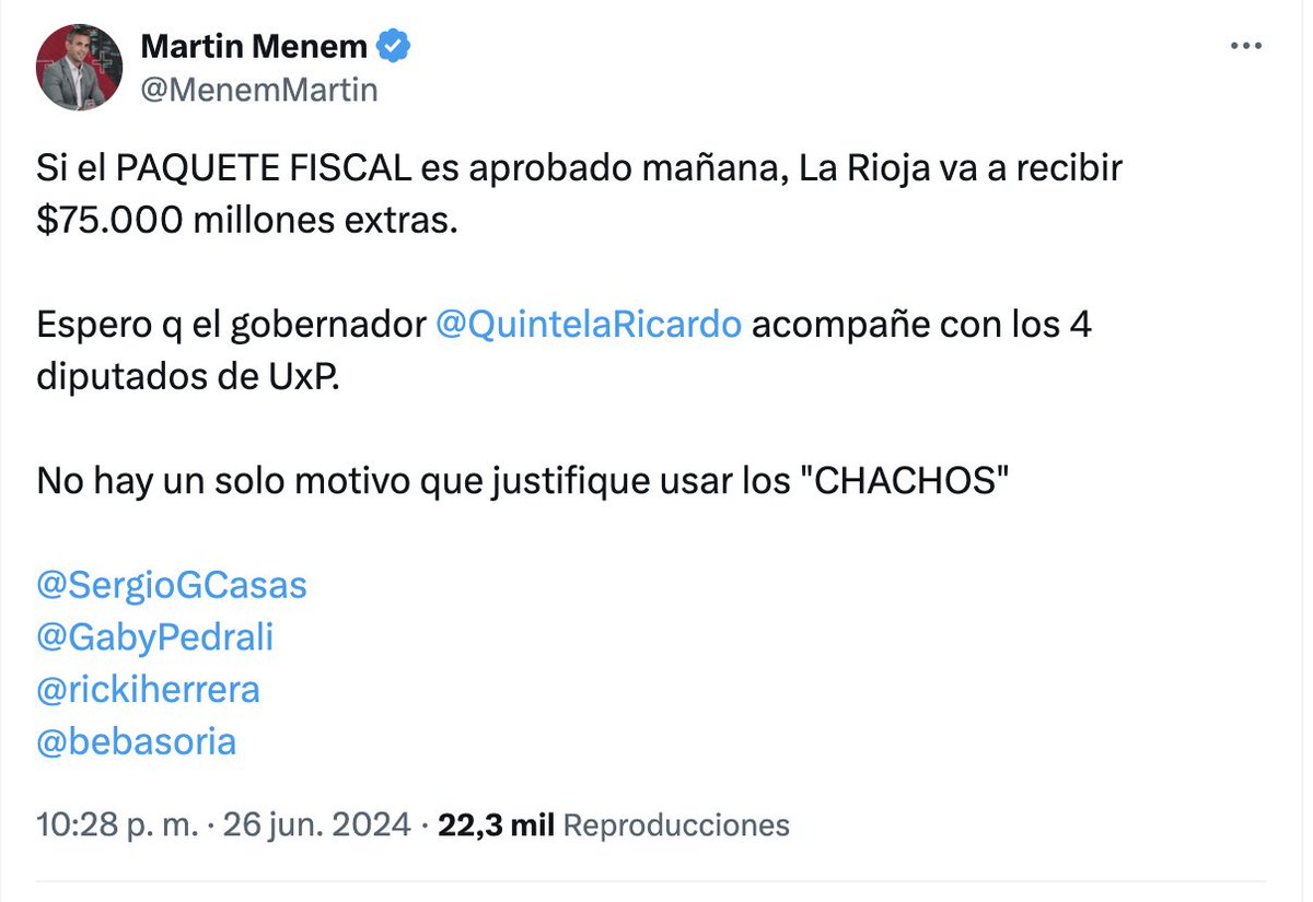 CIERREN TODO, MUCHACHOS. 
El presidente de la Cámara de Diputados tuitea a las 22.28 hs APRETANDO al gobernador Quintela y a los diputados riojanos. 
Los arroba y todo. 
Milei le robó a La Rioja los recursos que SON DE LA RIOJA y ahora quiere votos a cambio de darle algo!!!