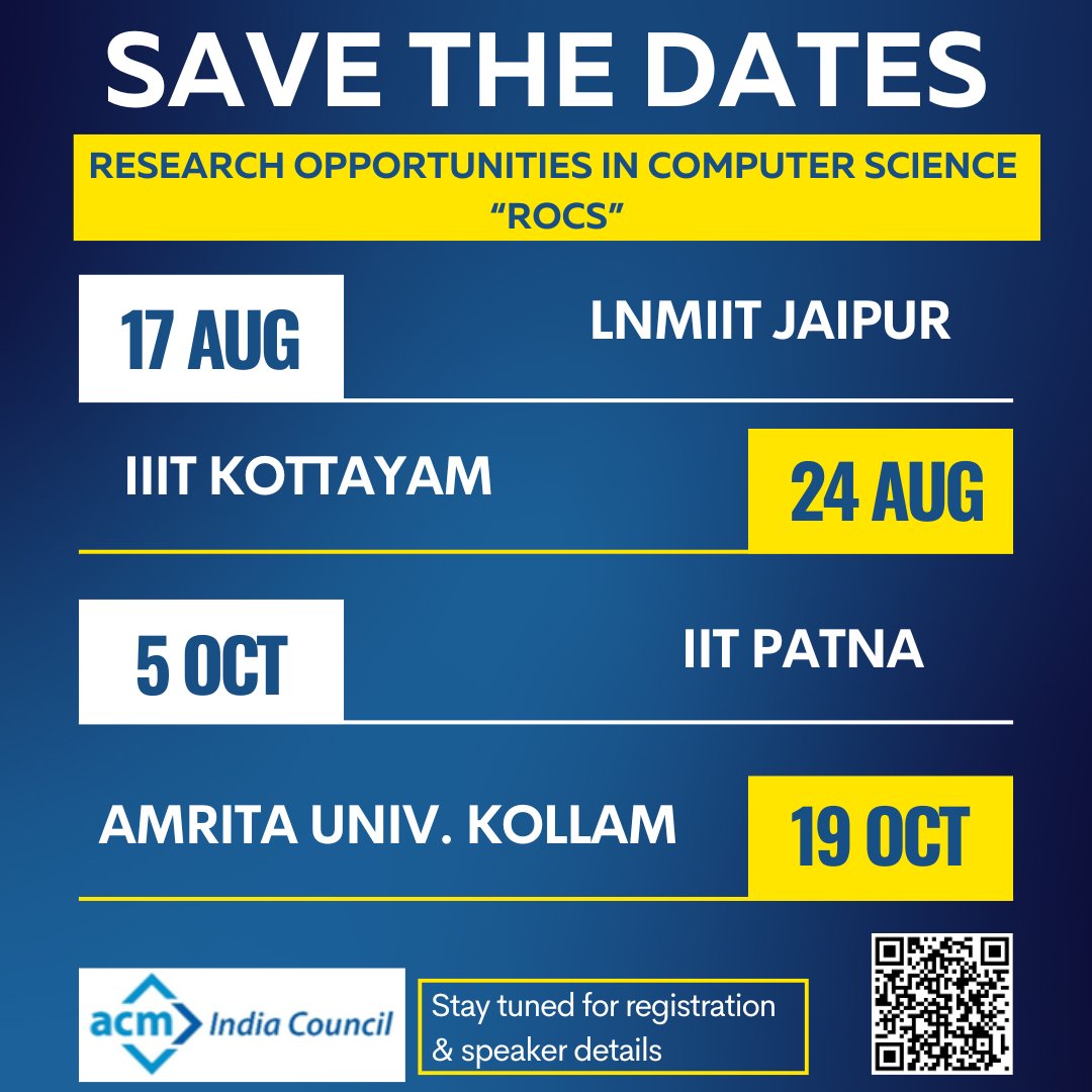 ❓🙋🏽‍♀️🙋🏽‍♂️ Curious about research? 🤔 Is research my calling? Should I pursue research career? How do I get admission into research programs? How is life post-phd? Attend "Research Opportunities in Computer Science (ROCS)". to find answers. Help spread the word. #ACMIndiaCouncilGiri