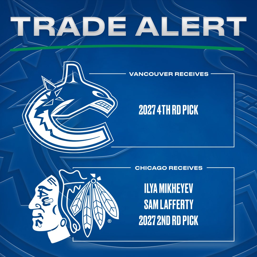 Canucks's tweet image. Vancouver Canucks General Manager Patrik Allvin announces that the #Canucks have acquired a 4th round pick in the 2027 NHL Entry Draft from the Chicago Blackhawks in exchange for Ilya Mikheyev, Sam Lafferty, and a 2nd round pick in the 2027 NHL Entry Draft. Vancouver is retaining…