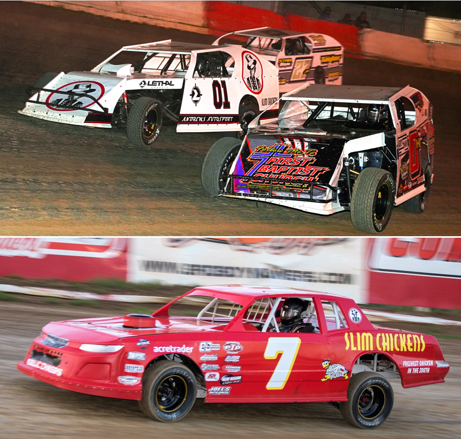 This weekend we are going to try something we have never done before. Two cars, two tracks, two drivers racing on the same night with one great sponsor, <a href="/slimchickens/">Slim Chickens</a>!
Peyton Taylor will at Batesville Motor Speedway and Keaton Atkinson will be at Ark-La-Tex Speedway.