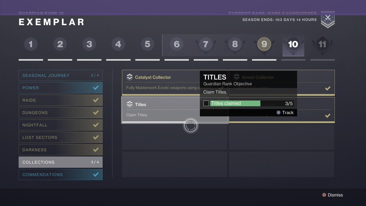 EricChaotic19's tweet photo. @Bungie hey when I reached guardian rank 9 and got the pantheon title. Is it not supposed to count towards titles claimed or is this a bug https://t.co/7B7KoyIQvw